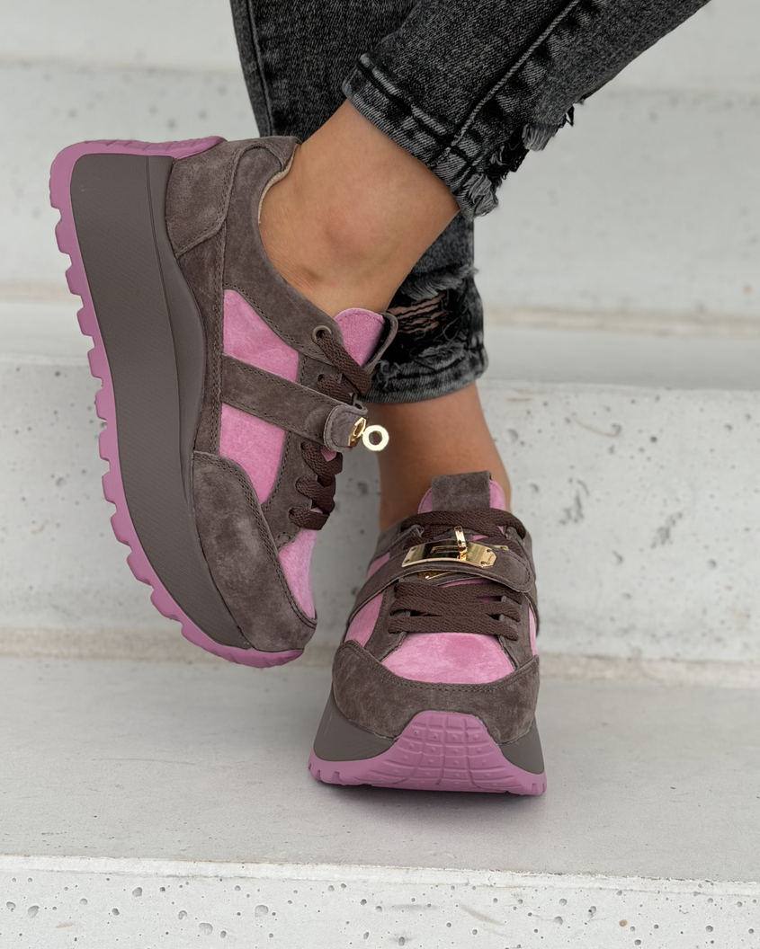 Sneakersy damskie Monéa brąz fuksja z ozdobną klamrą skóra naturalna - obrazek 4