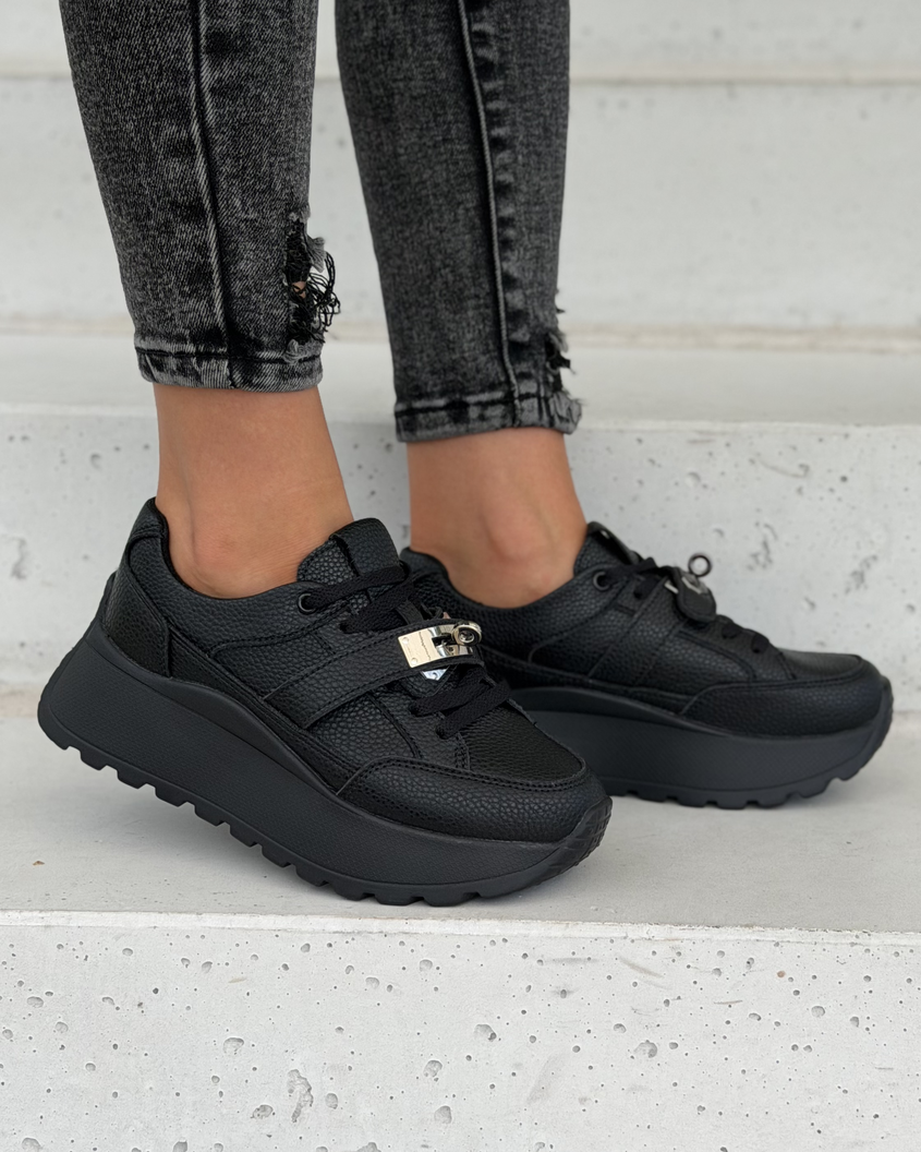 Sneakersy damskie Monéa czarne z ozdobną klamrą skóra naturalna - obrazek 5