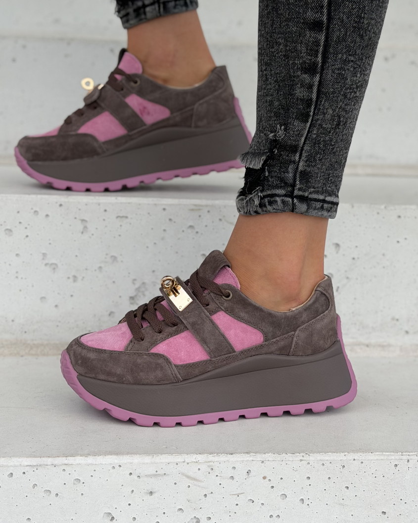 Sneakersy damskie Monéa brąz fuksja z ozdobną klamrą skóra naturalna - obrazek 6