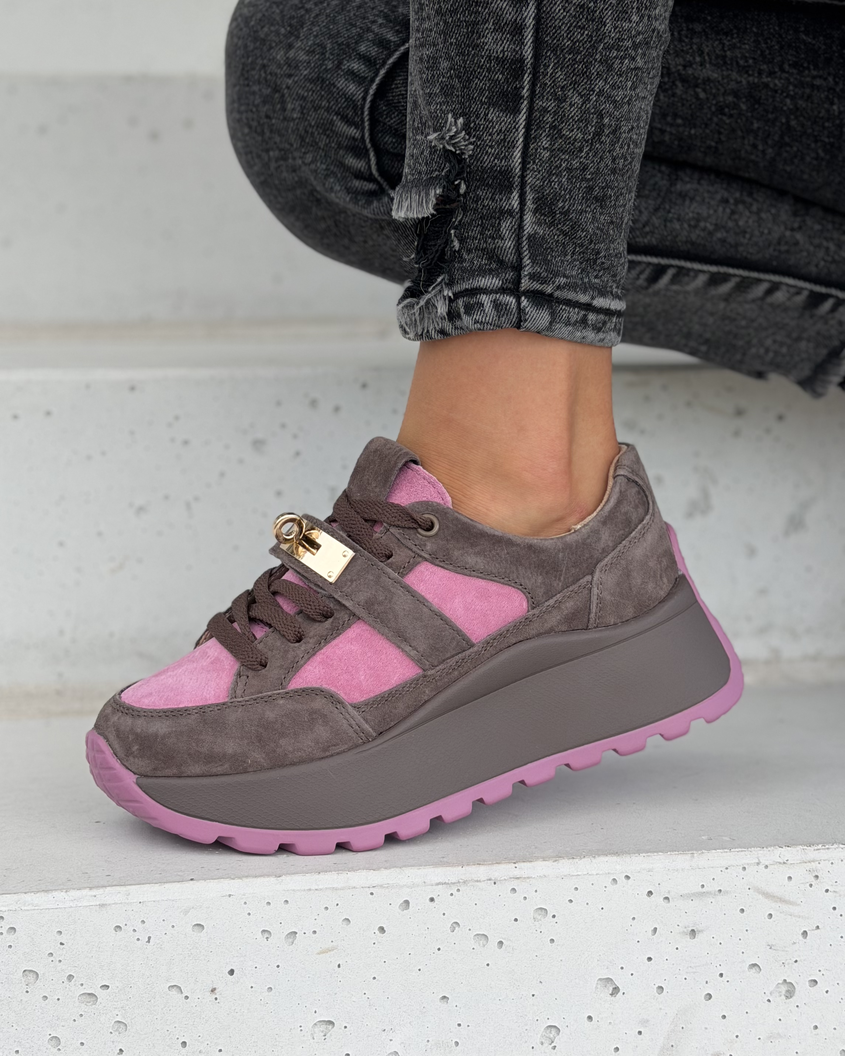 Sneakersy damskie Monéa brąz fuksja z ozdobną klamrą skóra naturalna - obrazek 7
