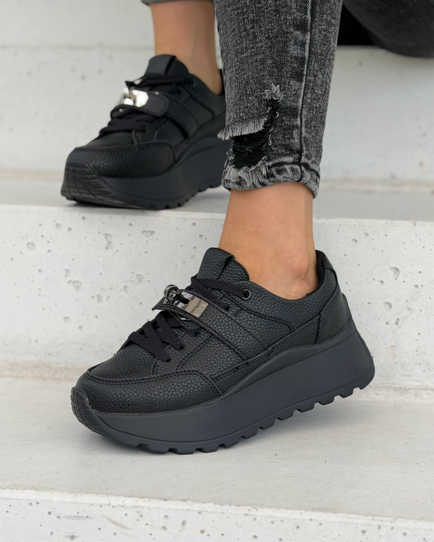 Sneakersy damskie Monéa czarne z ozdobną klamrą skóra naturalna - obrazek 7