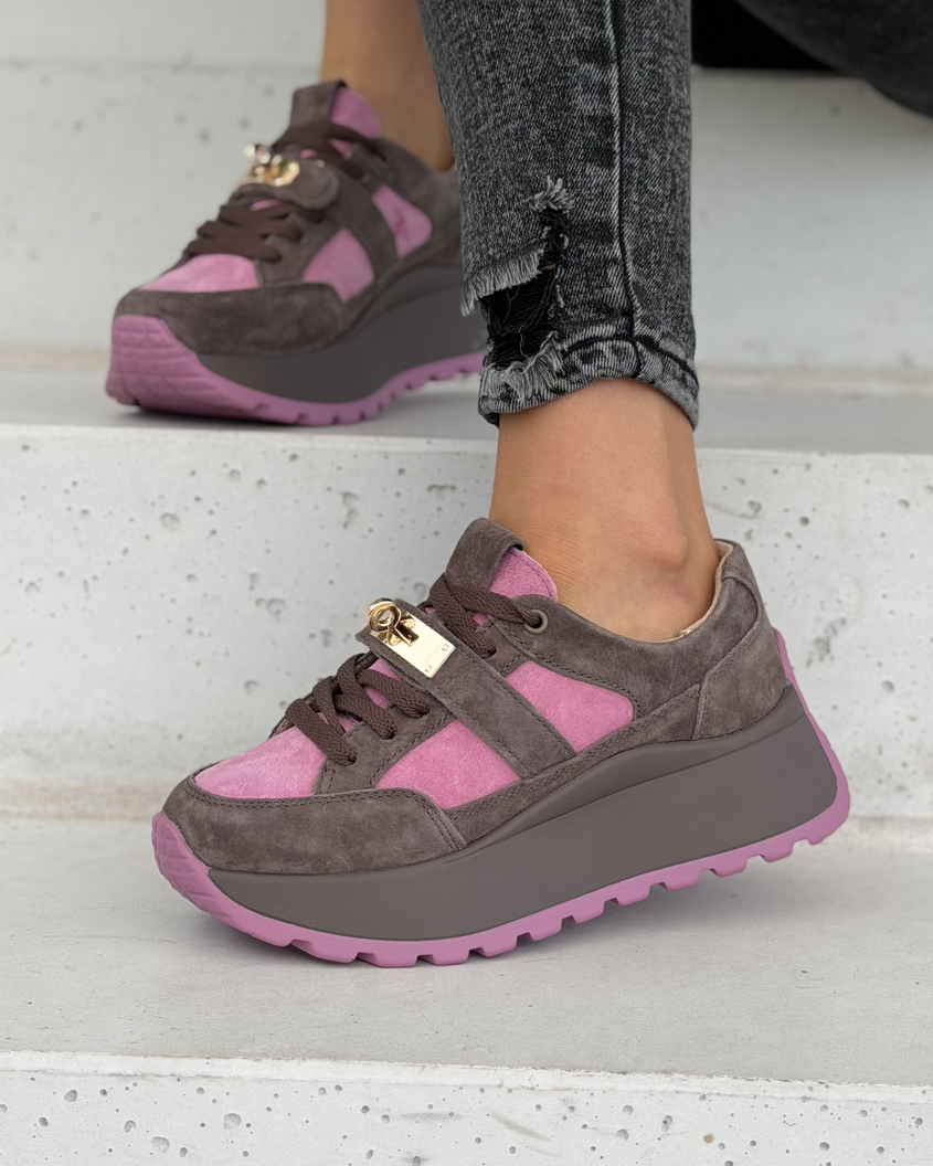 Sneakersy damskie Monéa brąz fuksja z ozdobną klamrą skóra naturalna - obrazek 8