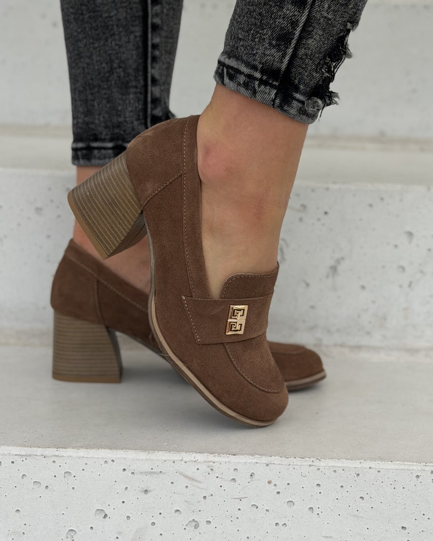 Półbuty damskie KAZADII FLORENCE barefoot na słupku camel zamsz skóra naturalna