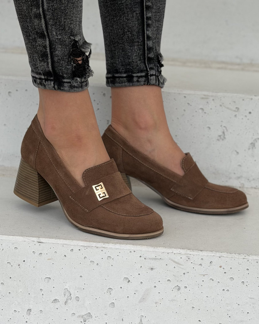Półbuty damskie KAZADII FLORENCE barefoot na słupku camel zamsz skóra naturalna - obrazek 3