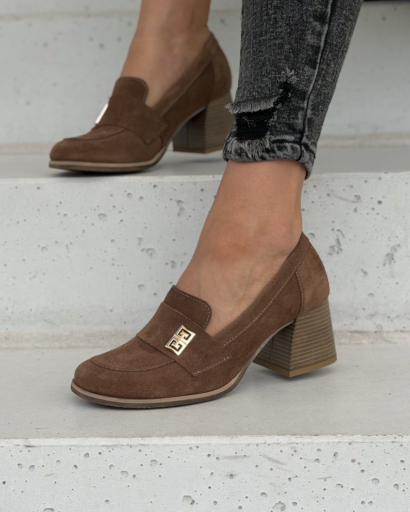 Półbuty damskie KAZADII FLORENCE barefoot na słupku camel zamsz skóra naturalna - obrazek 2