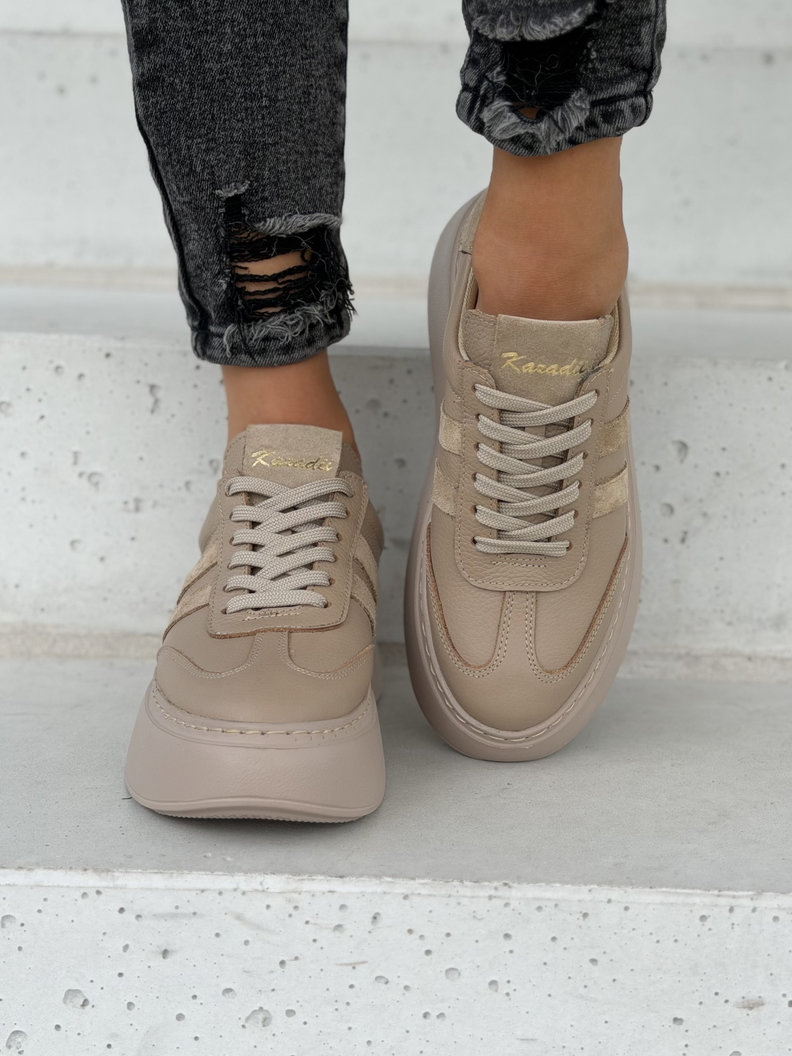 Skórzane TRAMPKI na wyższej podeszwie KAZADII ARDELIA ALL BEIGE polska produkcja - obrazek 3