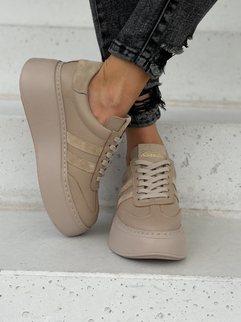 Skórzane TRAMPKI na wyższej podeszwie KAZADII ARDELIA ALL BEIGE polska produkcja - obrazek 4