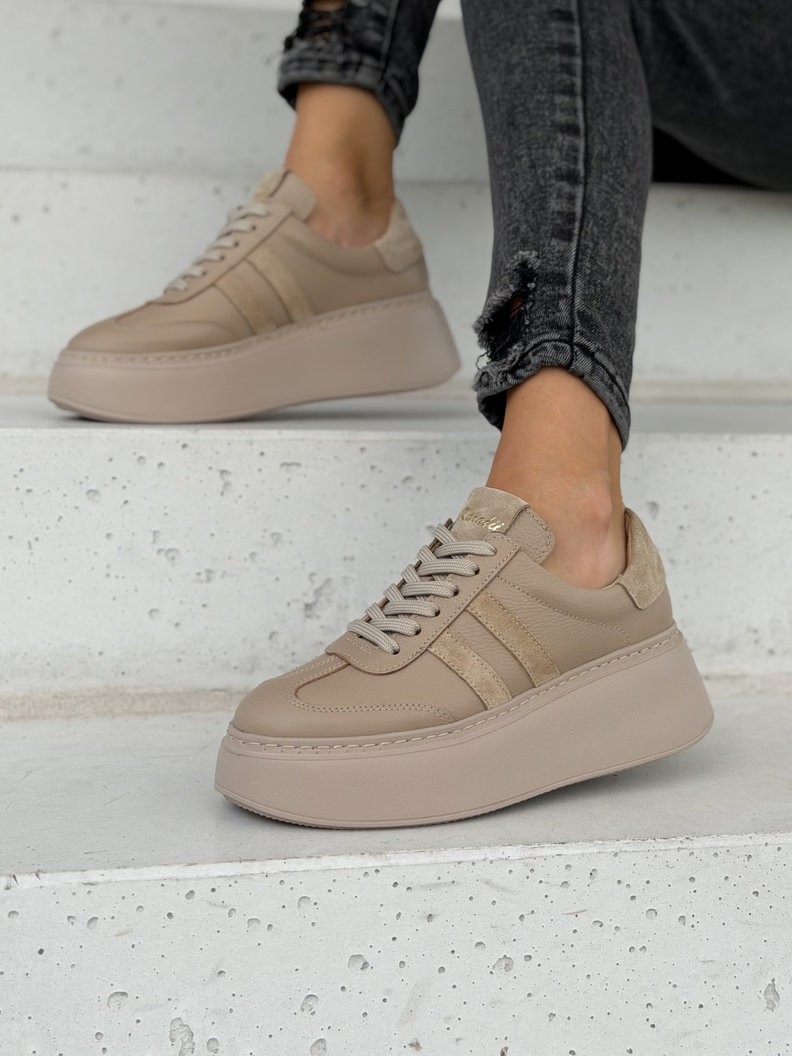 Skórzane TRAMPKI na wyższej podeszwie KAZADII ARDELIA ALL BEIGE polska produkcja - obrazek 7