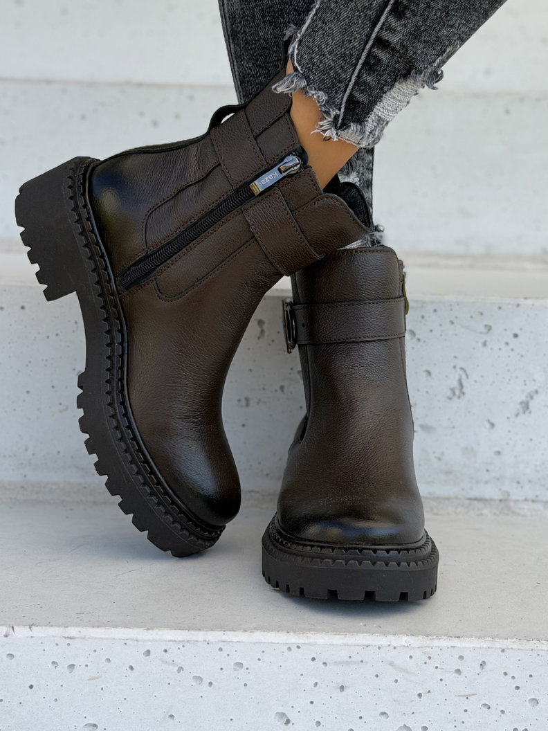 Skórzane ocieplane botki z klamrą KAZADII TESSA CHOCO LEATHER polska produkcja - obrazek 4