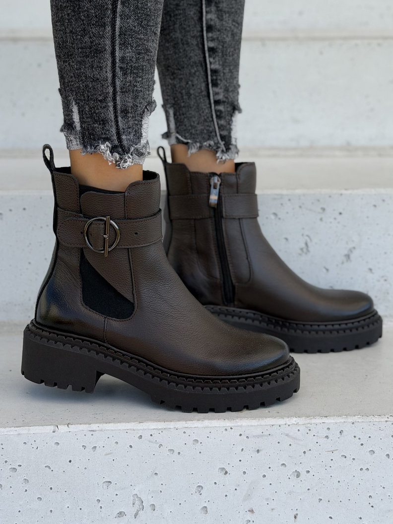 Skórzane ocieplane botki z klamrą KAZADII TESSA CHOCO LEATHER polska produkcja - obrazek 6