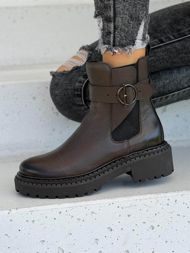 Skórzane ocieplane botki z klamrą KAZADII TESSA CHOCO LEATHER polska produkcja