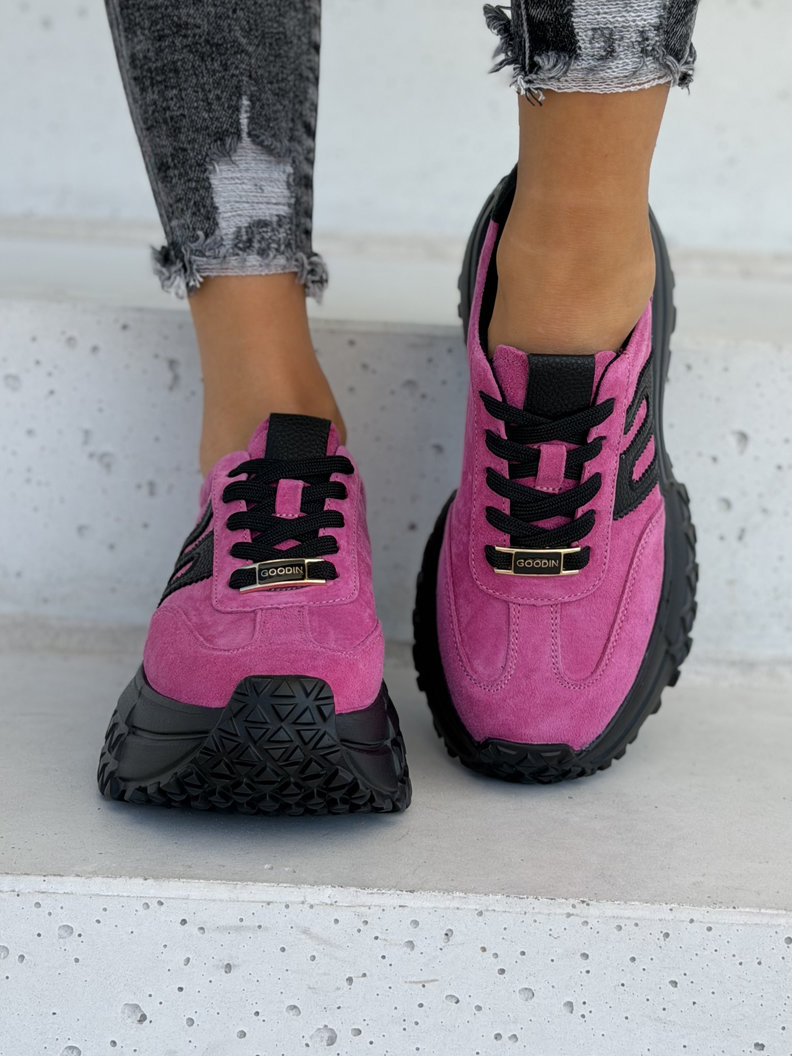 Skórzane sneakersy ZAVIRA FUXIA BLACK na wyższej lekkiej podeszwie - obrazek 7