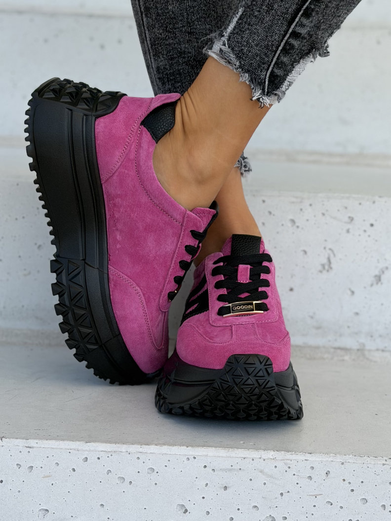 Skórzane sneakersy ZAVIRA FUXIA BLACK na wyższej lekkiej podeszwie - obrazek 3