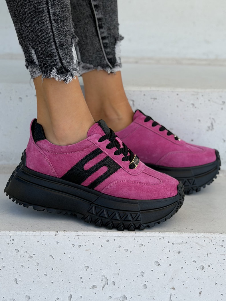 Skórzane sneakersy ZAVIRA FUXIA BLACK na wyższej lekkiej podeszwie - obrazek 4
