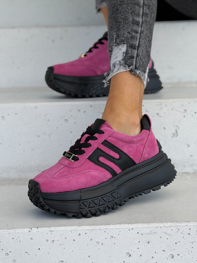 Skórzane sneakersy ZAVIRA FUXIA BLACK na wyższej lekkiej podeszwie - obrazek 5