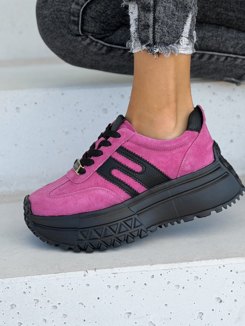 Skórzane sneakersy ZAVIRA FUXIA BLACK na wyższej lekkiej podeszwie - obrazek 6