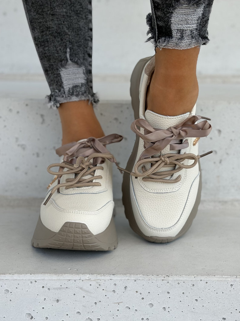 Skórzane trampki ELVENA BEIGE na lekkiej platformie - obrazek 3