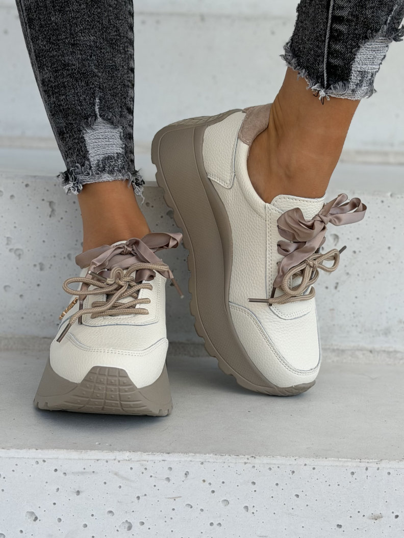 Skórzane trampki ELVENA BEIGE na lekkiej platformie - obrazek 6