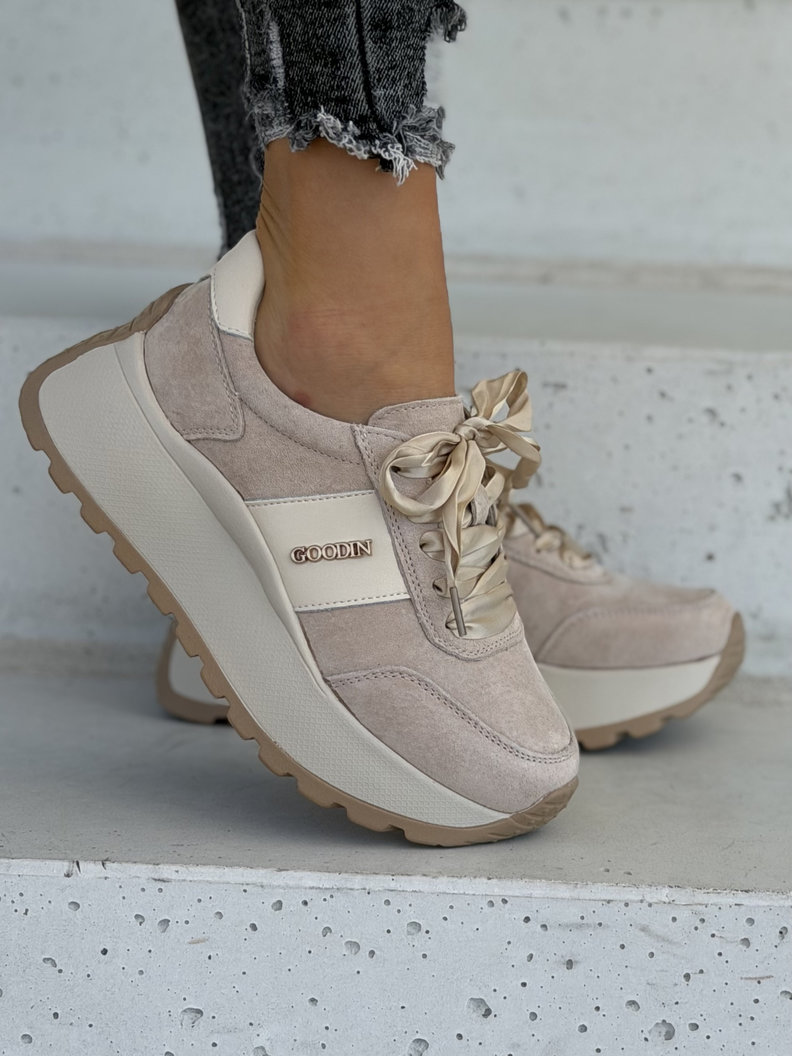 Skórzane trampki ELVENA BEIGE SUEDE na lekkiej platformie