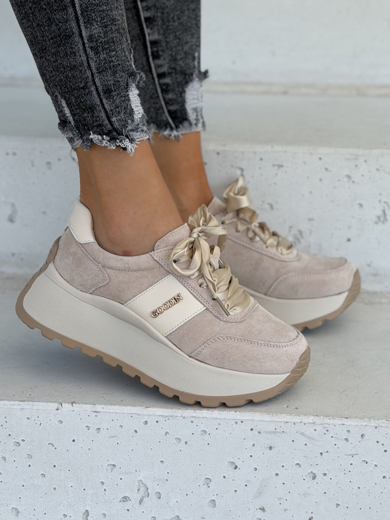 Skórzane trampki ELVENA BEIGE SUEDE na lekkiej platformie - obrazek 4