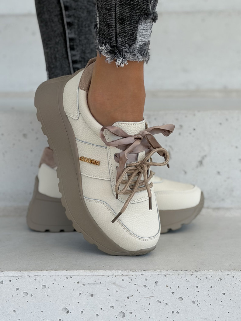 Skórzane trampki ELVENA BEIGE na lekkiej platformie - obrazek 4