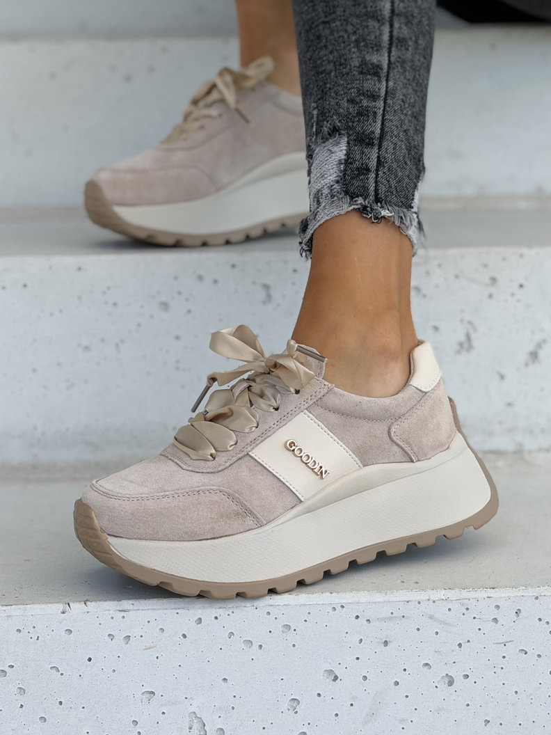 Skórzane trampki ELVENA BEIGE SUEDE na lekkiej platformie - obrazek 5