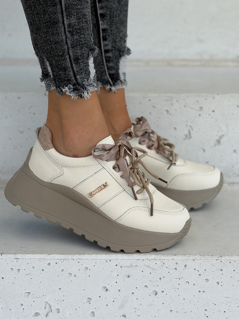 Skórzane trampki ELVENA BEIGE na lekkiej platformie - obrazek 5