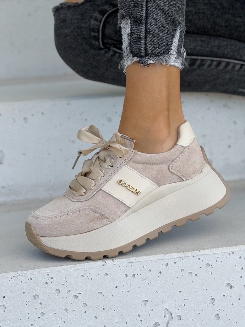 Skórzane trampki ELVENA BEIGE SUEDE na lekkiej platformie - obrazek 6