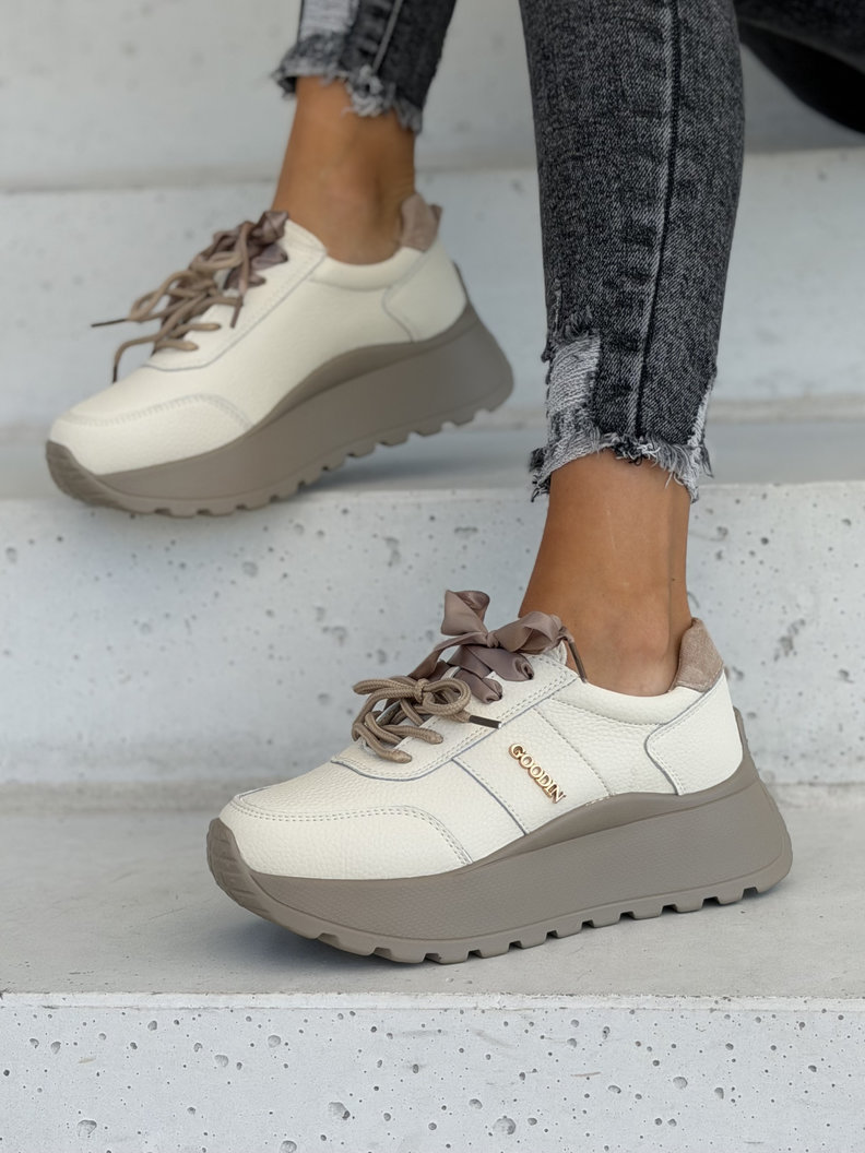 Skórzane trampki ELVENA BEIGE na lekkiej platformie - obrazek 8