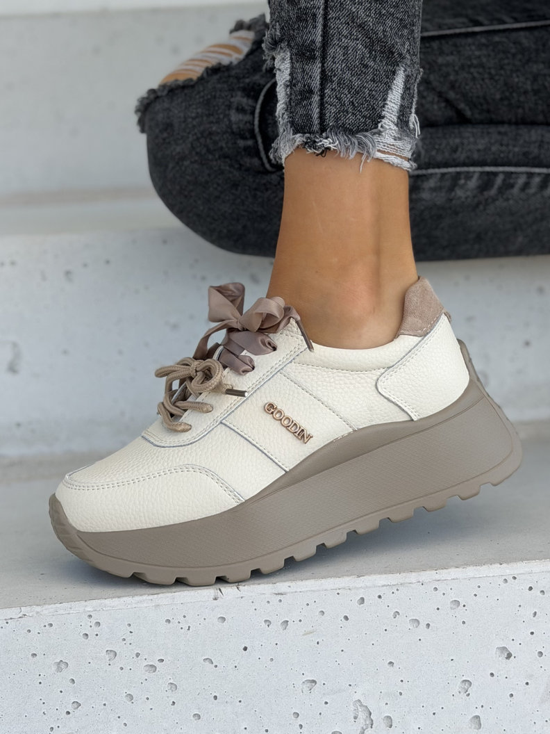 Skórzane trampki ELVENA BEIGE na lekkiej platformie