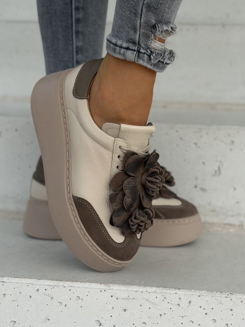 Skórzane trampki na wyższej podeszwie KAZADII LAVIA BEIGE CHOCO polska produkcja