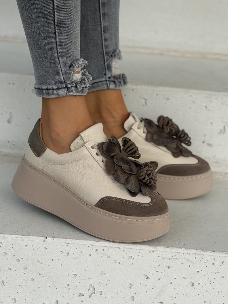 Skórzane trampki na wyższej podeszwie KAZADII LAVIA BEIGE CHOCO polska produkcja - obrazek 7