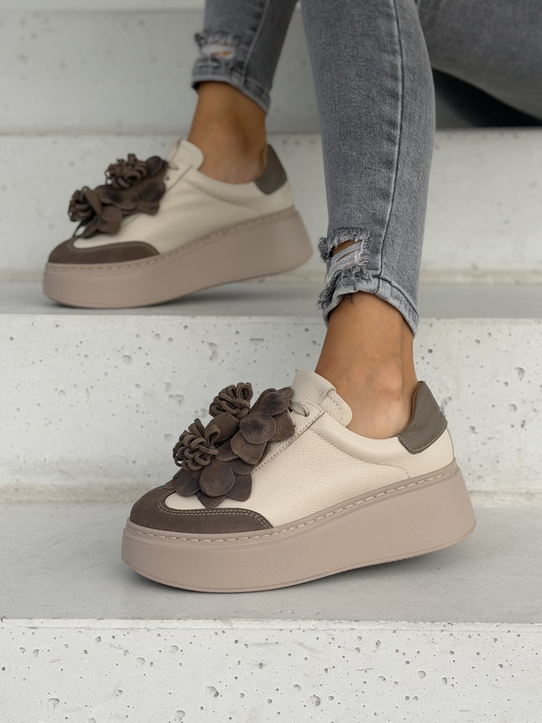 Skórzane trampki na wyższej podeszwie KAZADII LAVIA BEIGE CHOCO polska produkcja - obrazek 5