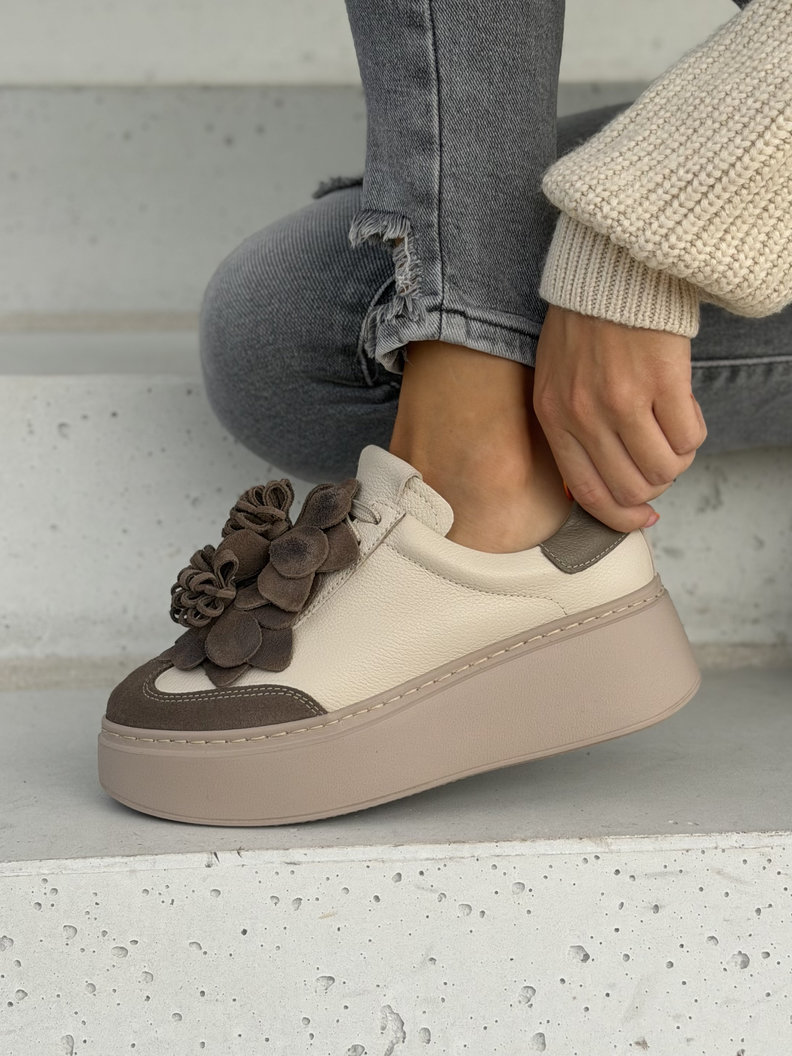Skórzane trampki na wyższej podeszwie KAZADII LAVIA BEIGE CHOCO polska produkcja - obrazek 4