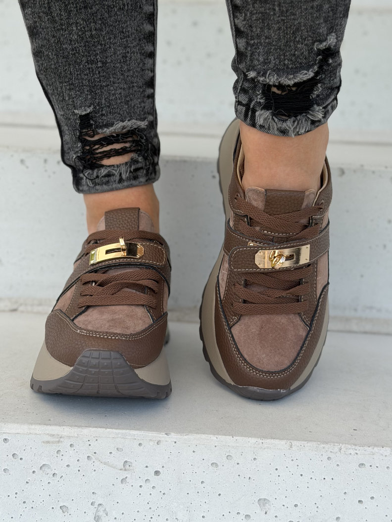 Sneakersy damskie LAMIA coffee z ozdobną klamrą skóra naturalna - obrazek 8