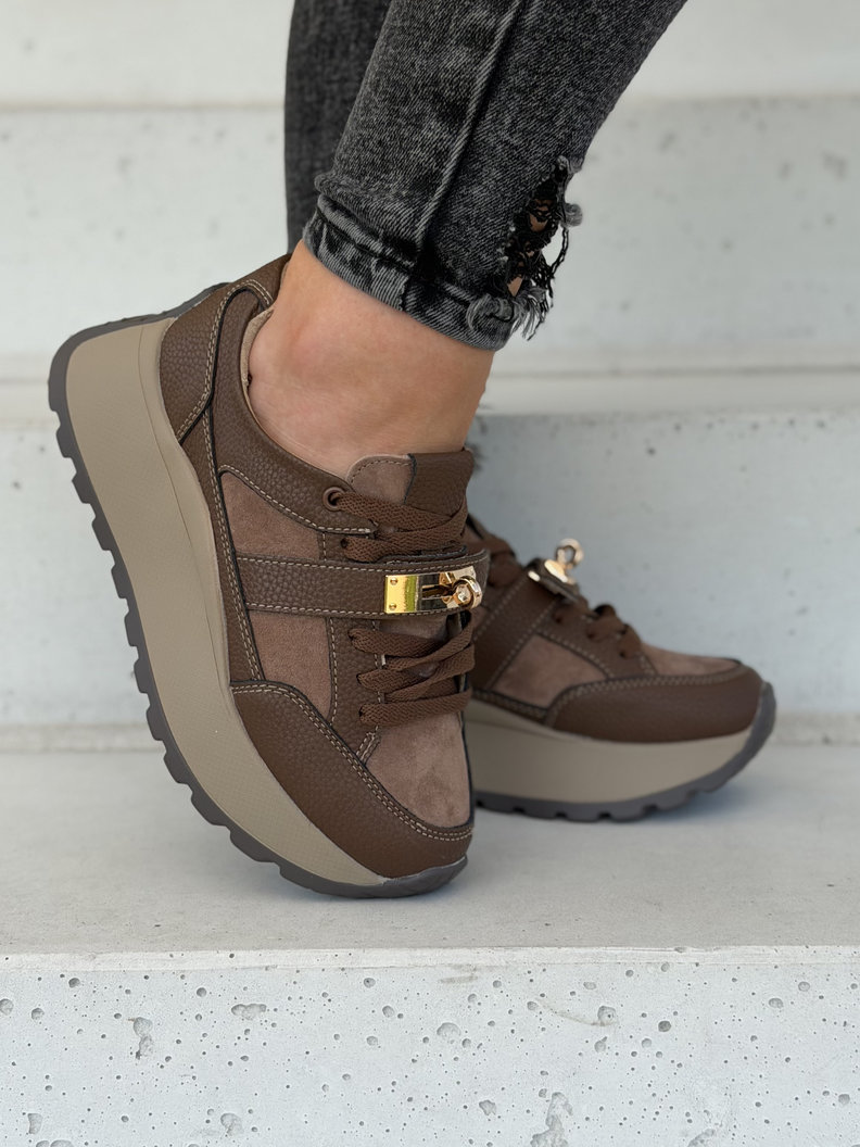 Sneakersy damskie LAMIA coffee z ozdobną klamrą skóra naturalna - obrazek 3