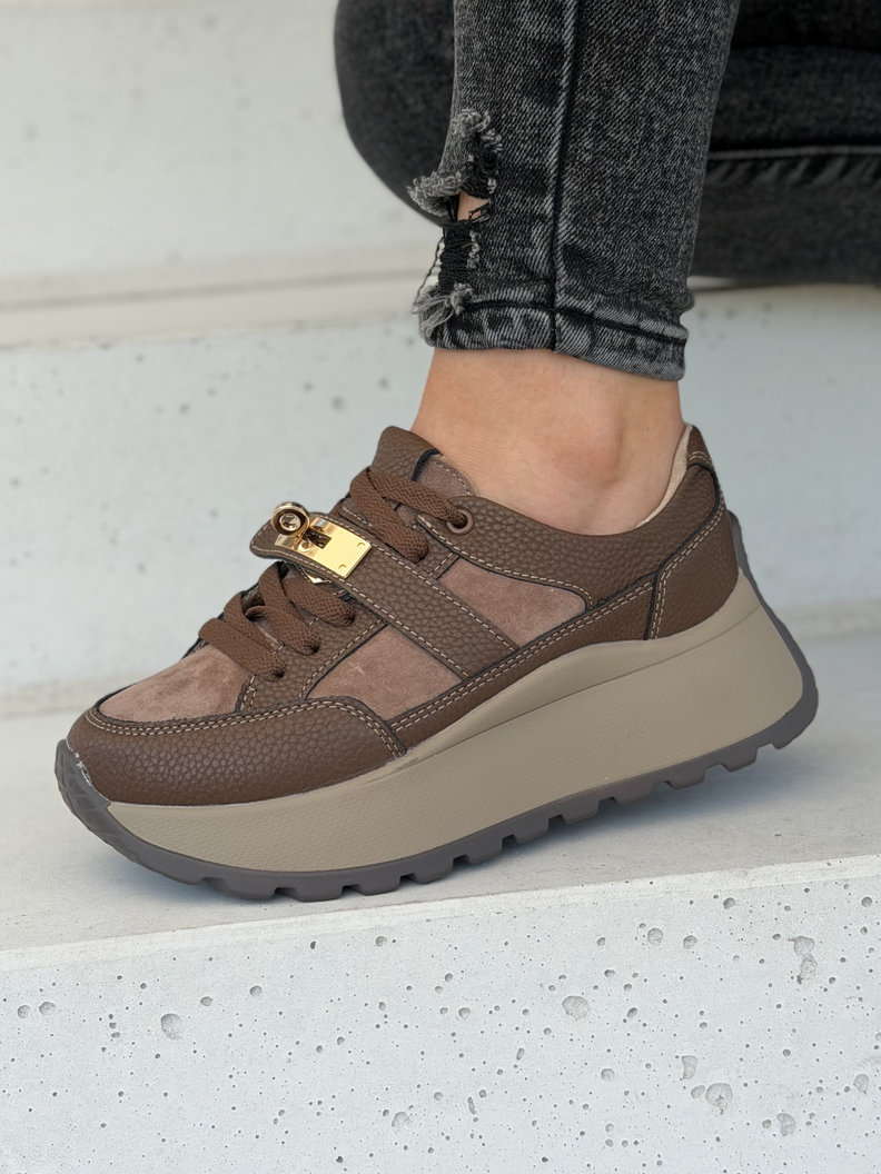 Sneakersy damskie LAMIA coffee z ozdobną klamrą skóra naturalna - obrazek 4
