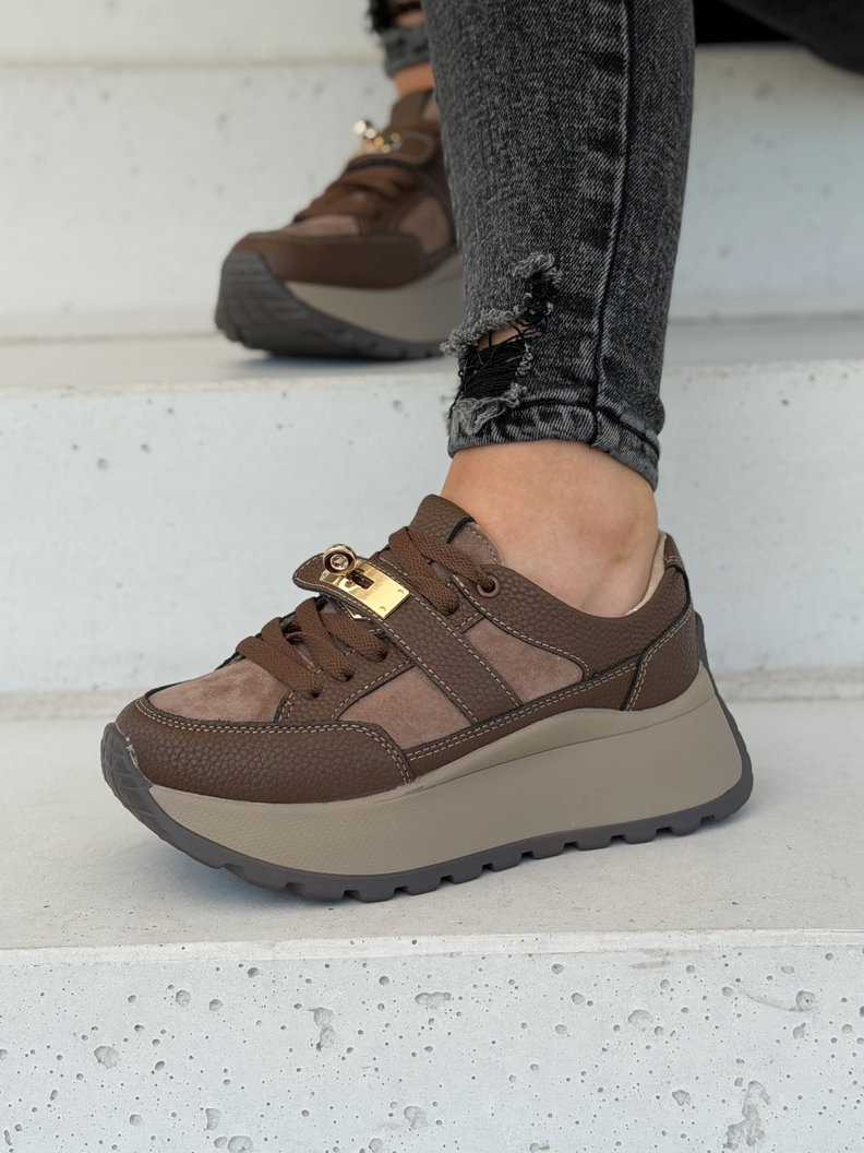 Sneakersy damskie LAMIA coffee z ozdobną klamrą skóra naturalna - obrazek 5