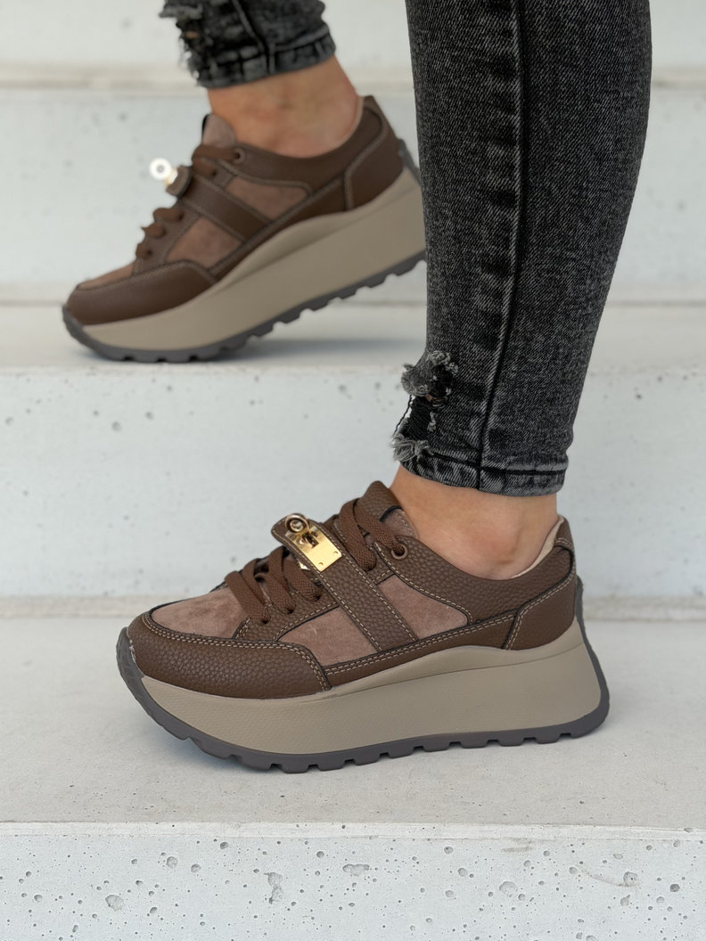Sneakersy damskie LAMIA coffee z ozdobną klamrą skóra naturalna - obrazek 6