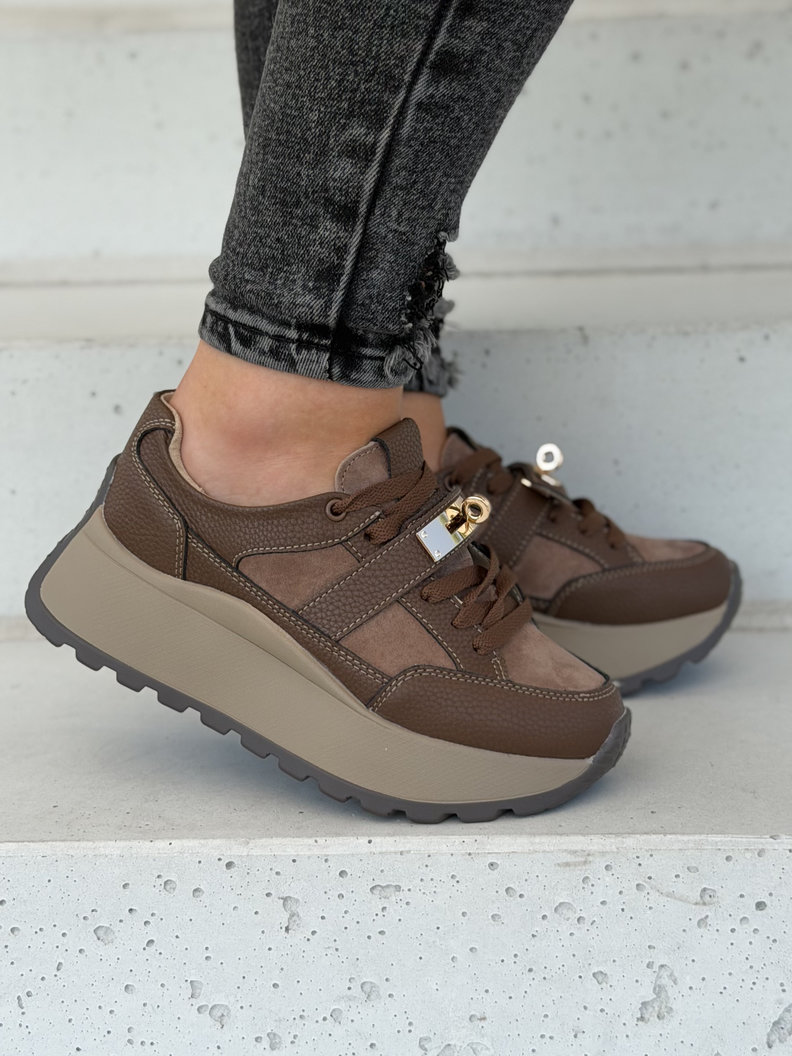 Sneakersy damskie LAMIA coffee z ozdobną klamrą skóra naturalna - obrazek 7