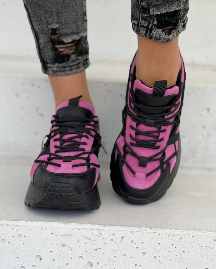 Sneakersy damskie na wyższej podeszwie FUKSJA CZARNE MANHATTAN skóra naturalna - obrazek 10
