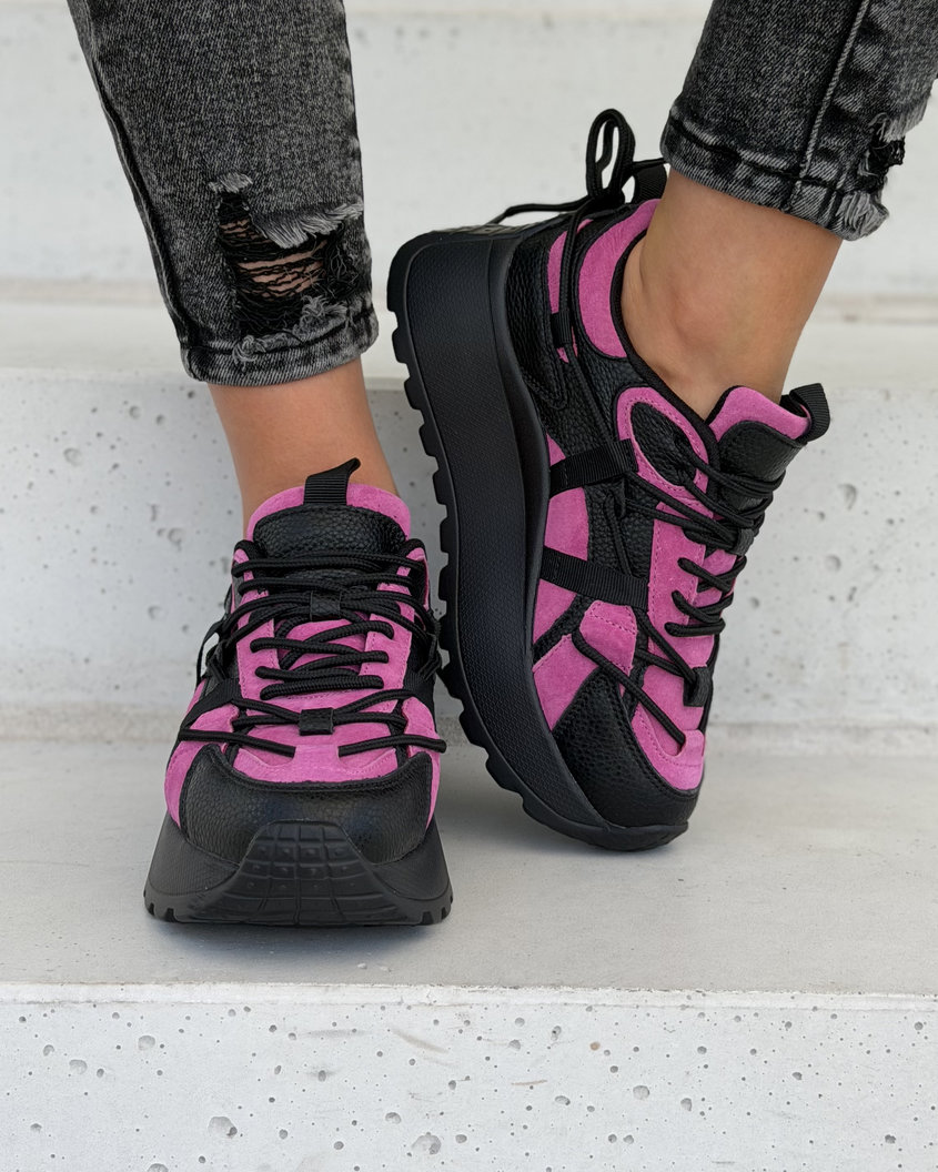 Sneakersy damskie na wyższej podeszwie FUKSJA CZARNE MANHATTAN skóra naturalna - obrazek 3
