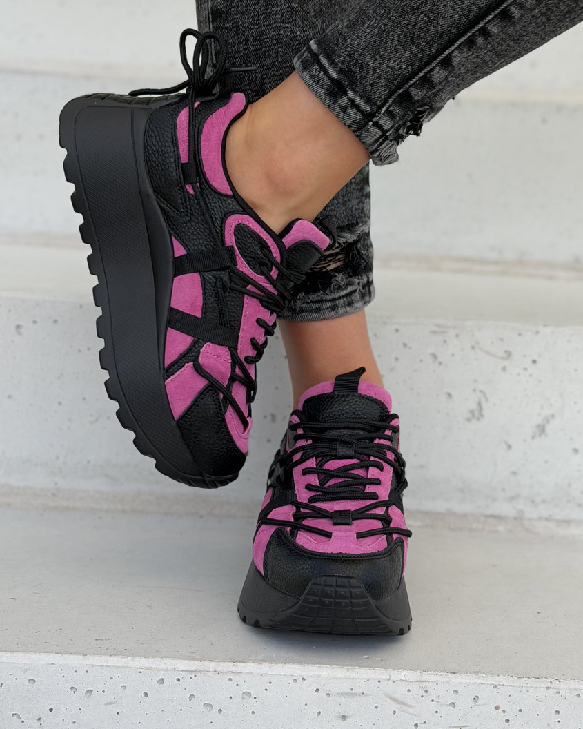 Sneakersy damskie na wyższej podeszwie FUKSJA CZARNE MANHATTAN skóra naturalna - obrazek 4