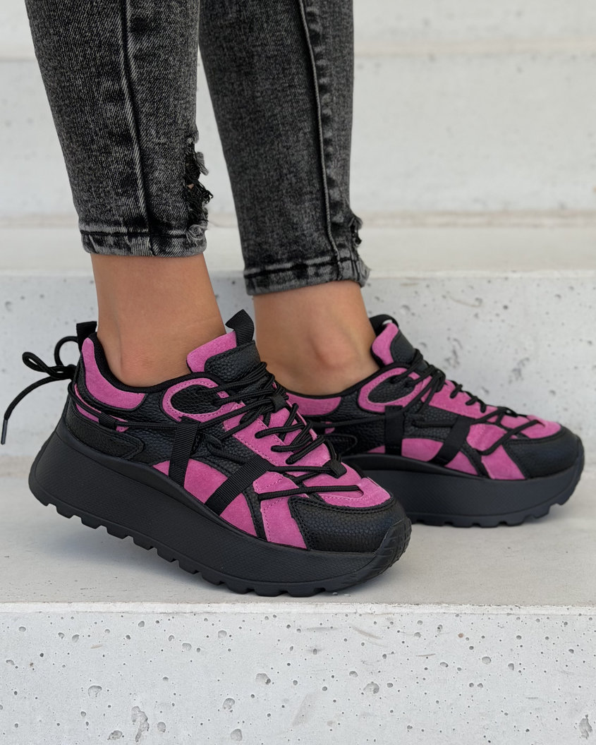 Sneakersy damskie na wyższej podeszwie FUKSJA CZARNE MANHATTAN skóra naturalna