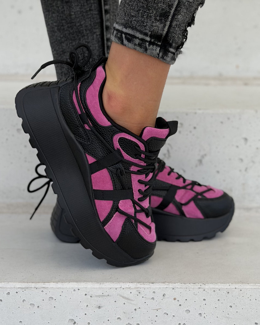 Sneakersy damskie na wyższej podeszwie FUKSJA CZARNE MANHATTAN skóra naturalna - obrazek 5