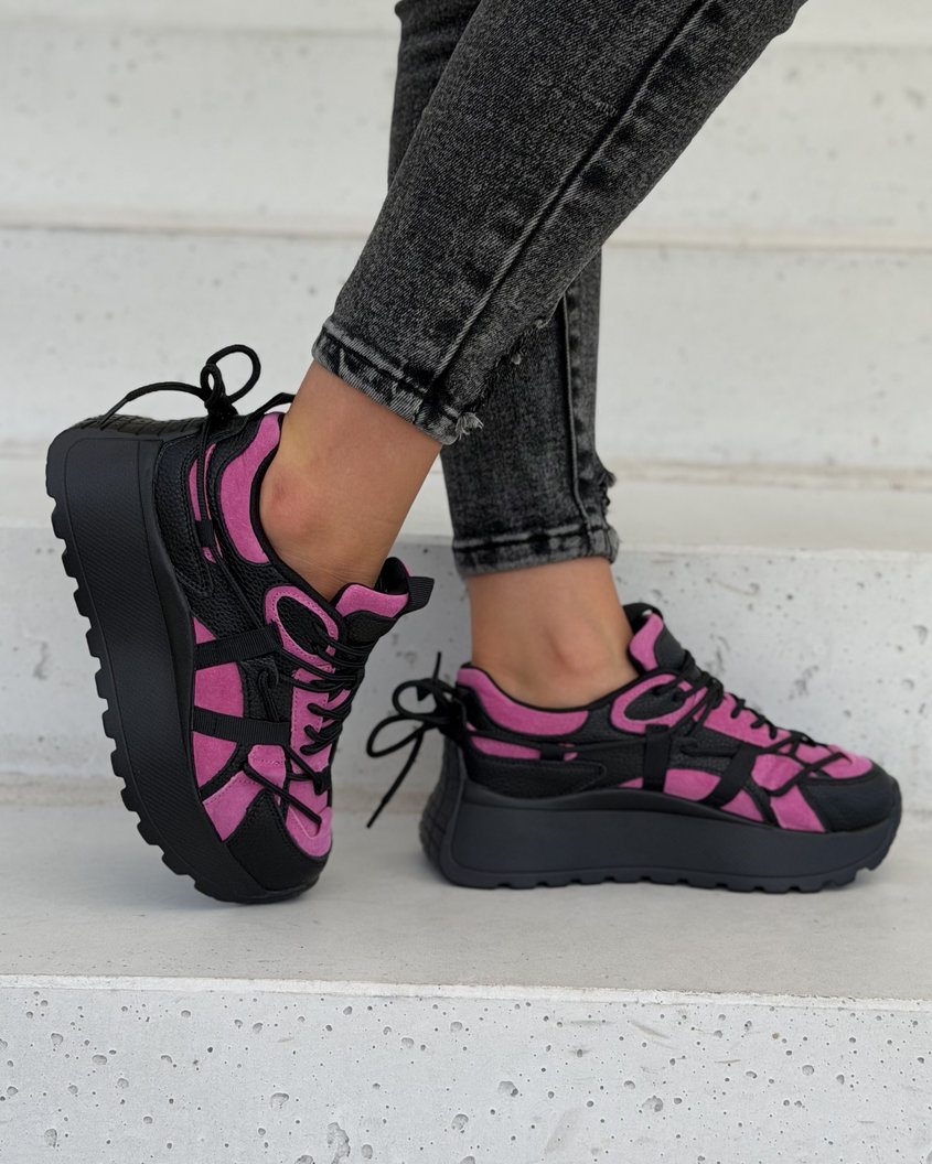 Sneakersy damskie na wyższej podeszwie FUKSJA CZARNE MANHATTAN skóra naturalna - obrazek 6