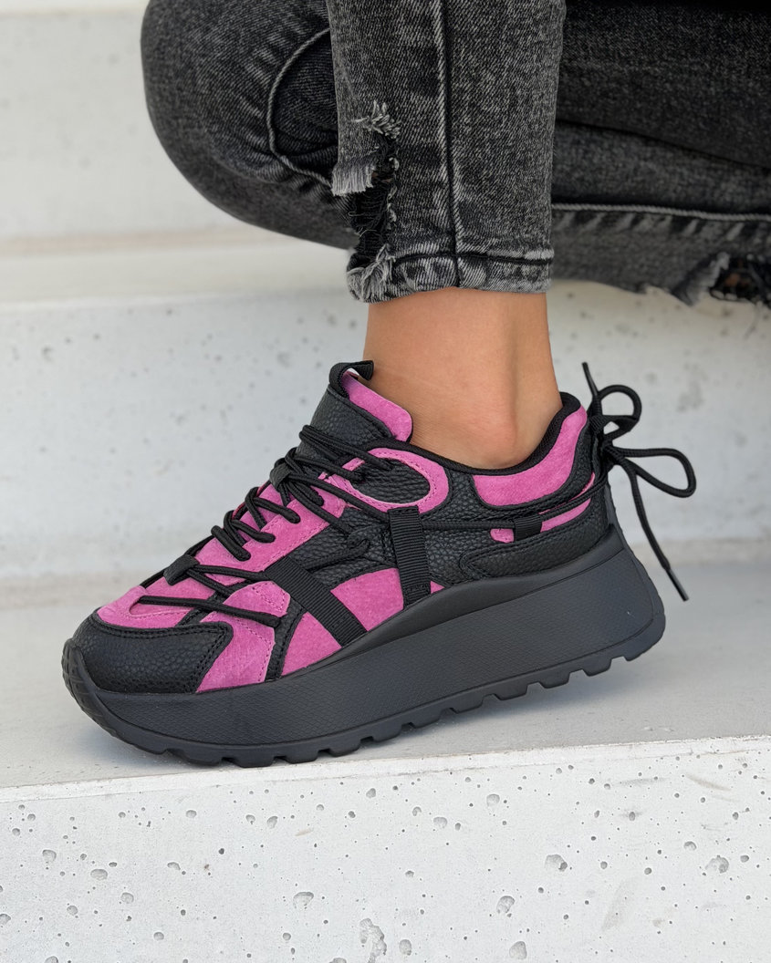 Sneakersy damskie na wyższej podeszwie FUKSJA CZARNE MANHATTAN skóra naturalna - obrazek 7