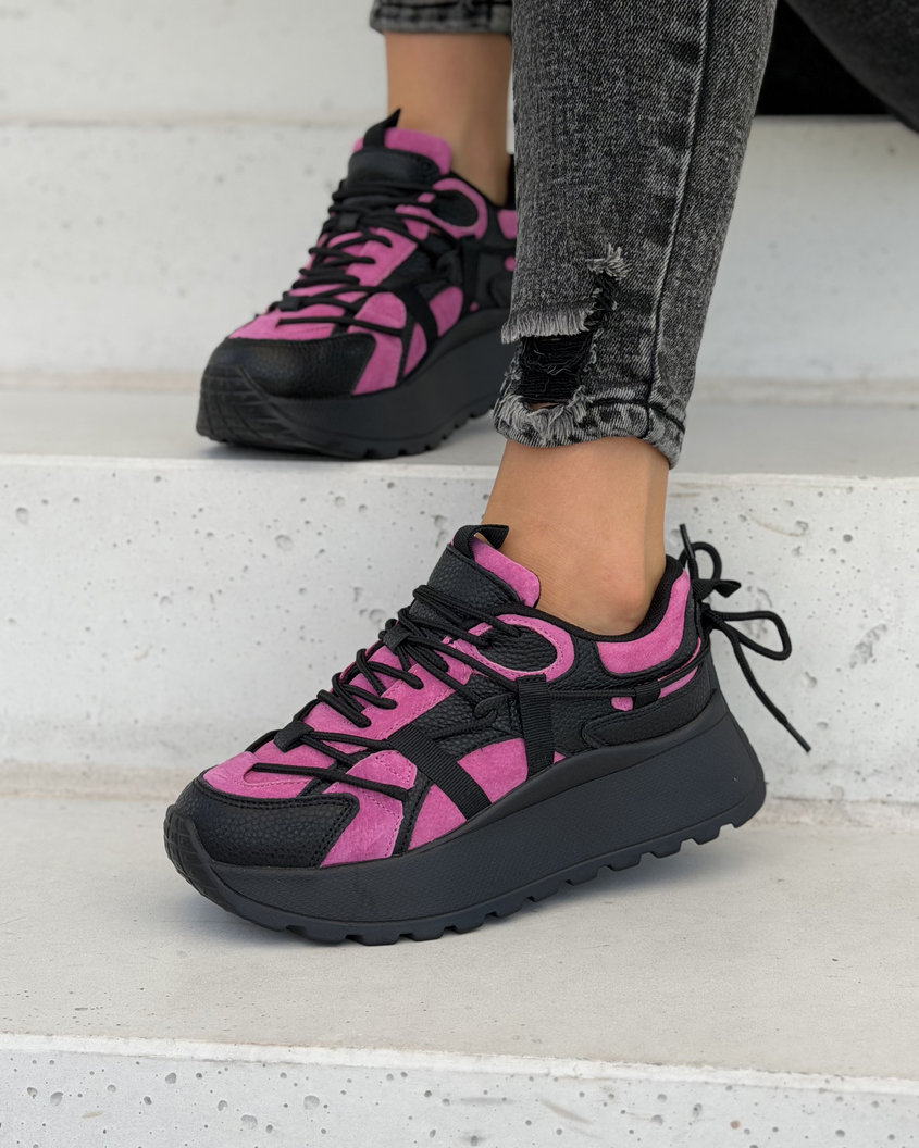 Sneakersy damskie na wyższej podeszwie FUKSJA CZARNE MANHATTAN skóra naturalna - obrazek 8