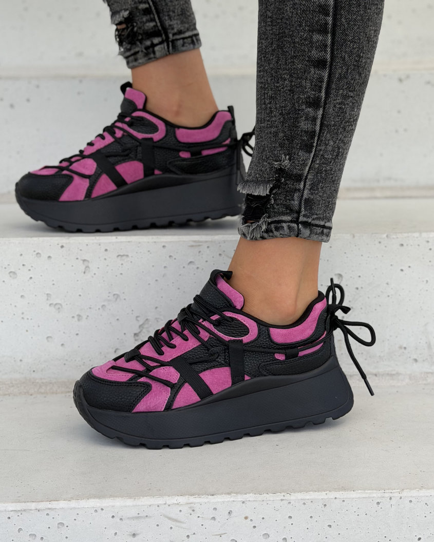Sneakersy damskie na wyższej podeszwie FUKSJA CZARNE MANHATTAN skóra naturalna - obrazek 9