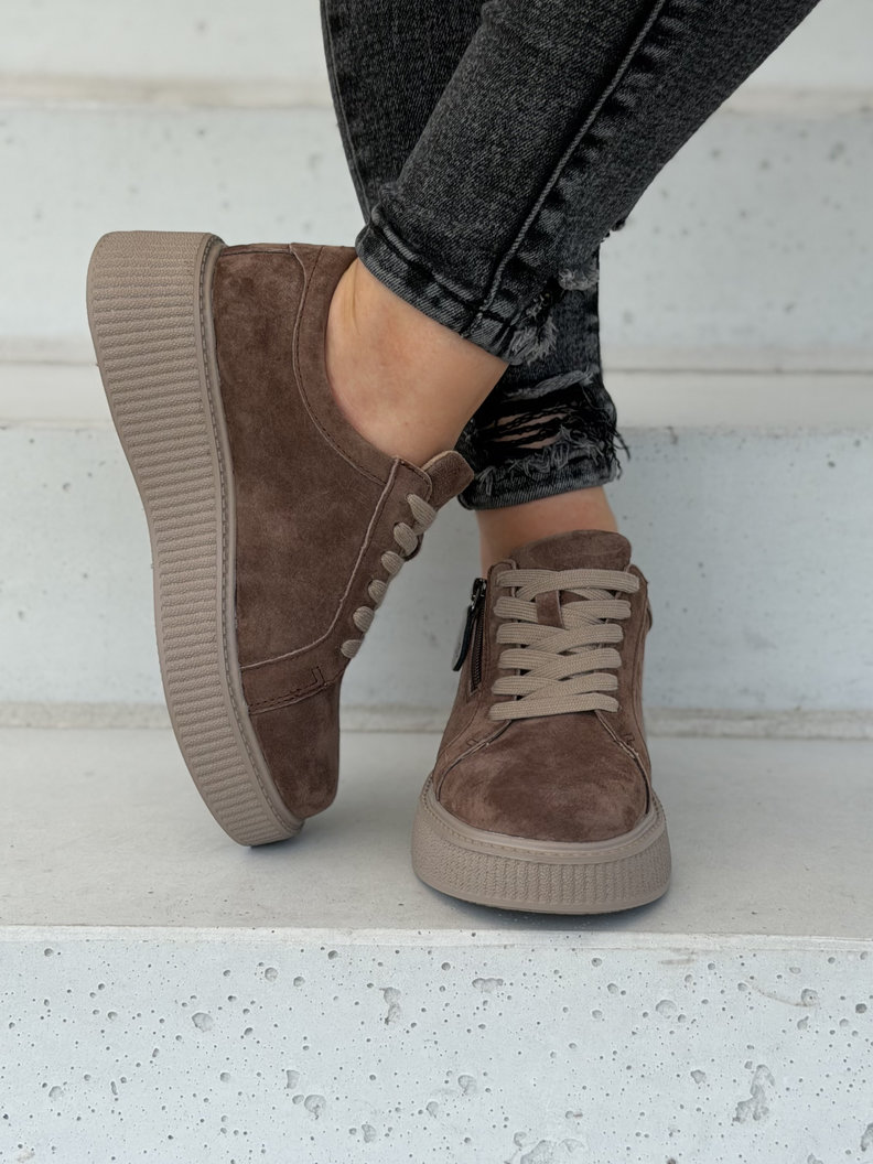 Sneakersy damskie na wyższej podeszwie RANNA ZIP light coffee skóra naturalna - obrazek 4